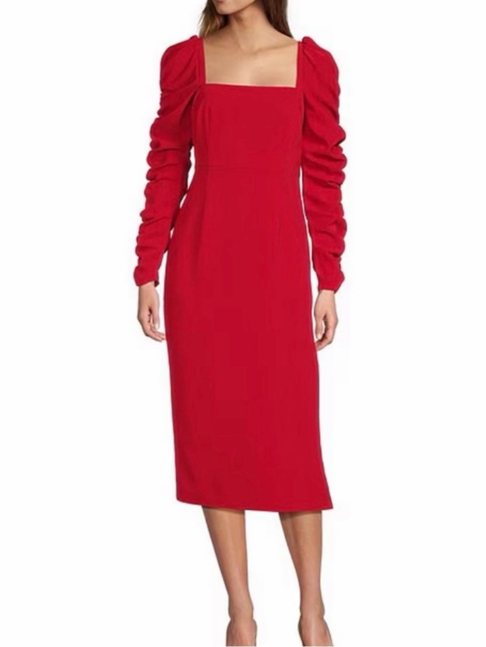 NWT ANTONIO MELANI Red Square-Neck Ruched Sleeve Midi Dress